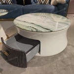 Coffee Table Set with Integrated Natural Wood Veneer and Marble-Effect Top